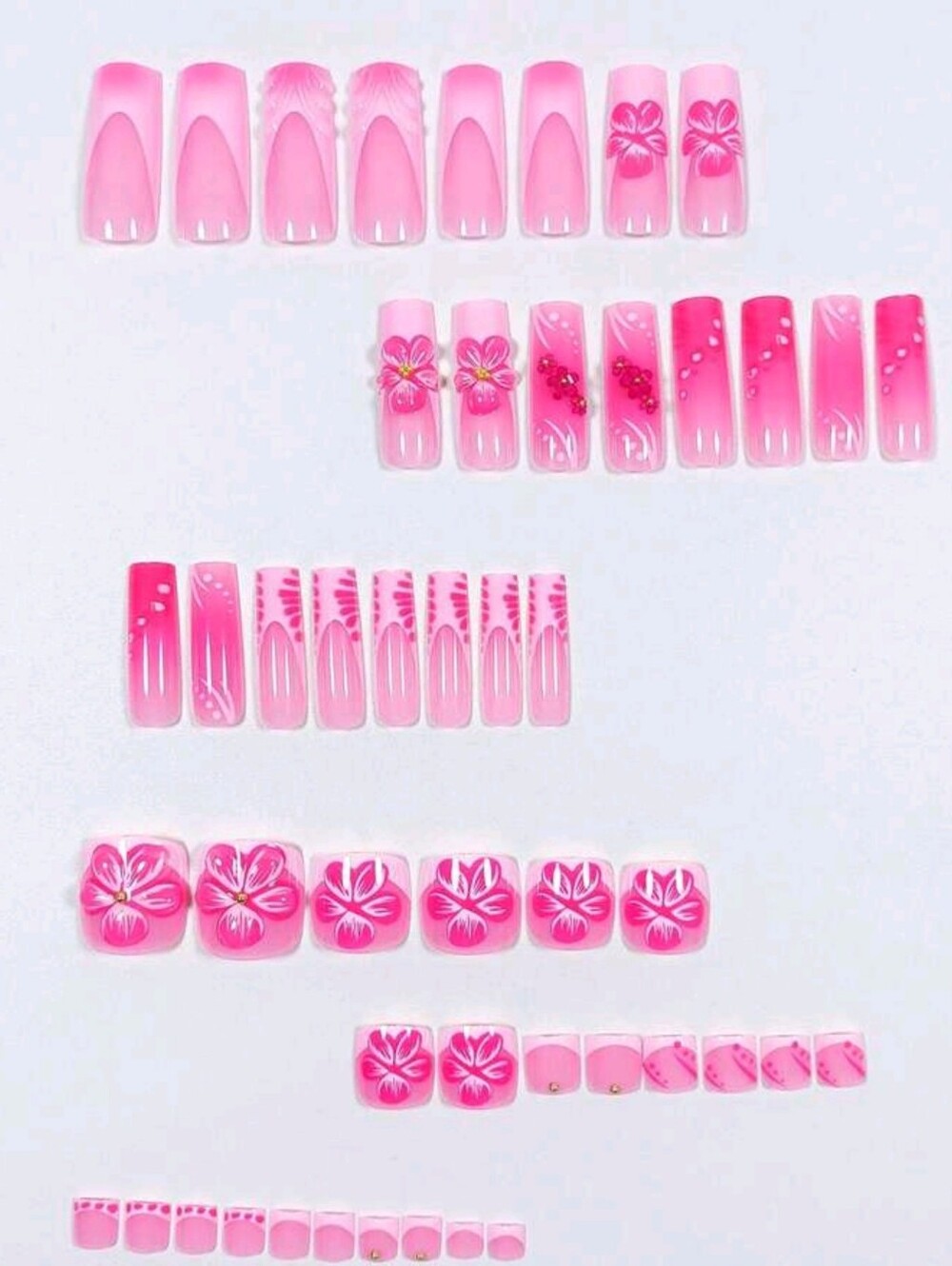 2/$25 48pcs Pink Floral French Tip Press-On Mani-Pedi Set Full Application Kit - Picture 2 of 5
